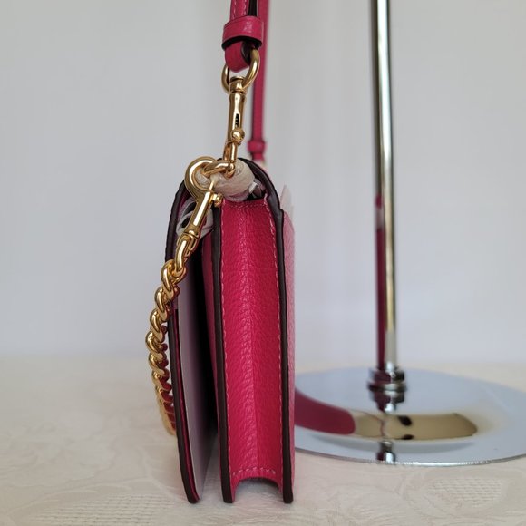 COACH Anna Pebbled Leather Foldover Clutch Crossbody With Chain- Bold Pink🎈$158 - Picture 7 of 16